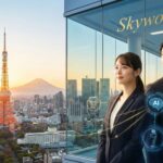 站在Skywork东京办公室的年轻求职者，背景是东京塔与富士山，周围环绕着代表IT/AI、智能制造与医疗介护等日本未来十年最具增长潜力行业的科技图标。