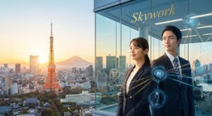 站在Skywork东京办公室的年轻求职者，背景是东京塔与富士山，周围环绕着代表IT/AI、智能制造与医疗介护等日本未来十年最具增长潜力行业的科技图标。